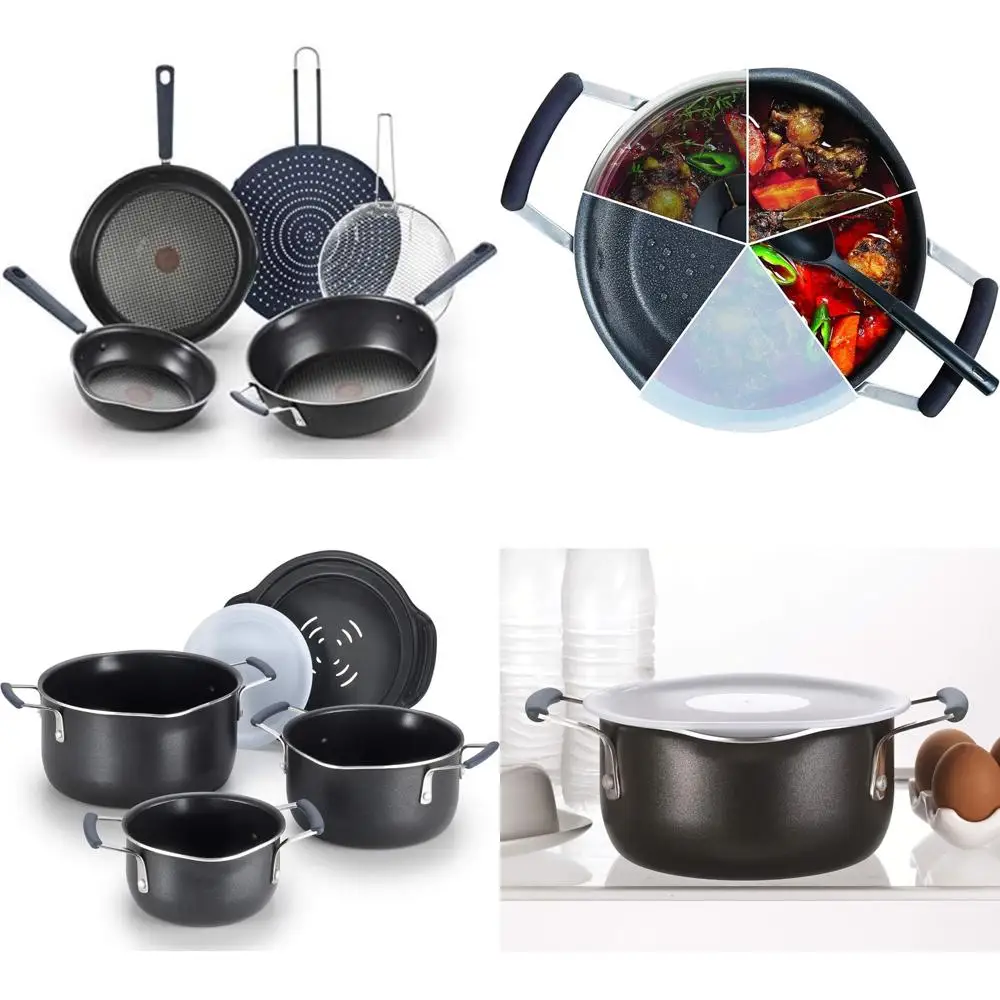 T-fal B210S574 Stackable 5-Piece Cookware Set with Titanium Nonstick, Multi-Functional, Black